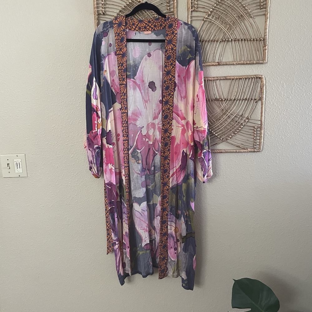 Powder Orchid Kimono Gown Robe Botanical Print Viscose Pockets One Size B4